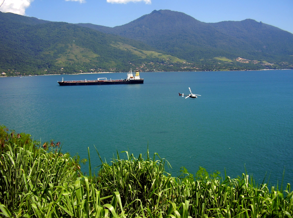 Vista da baía de Angra dos Reis com barcos e vegetação ao fundo.
