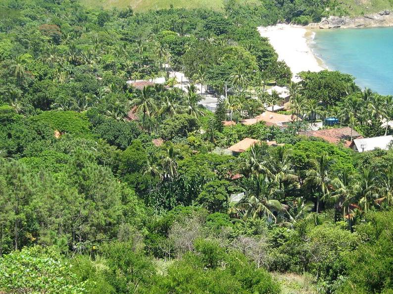 Vista panorâmica da Praia de Maresias, São Paulo — mar, vegetação costeira e horizonte claro; foto de Larry LaRose.